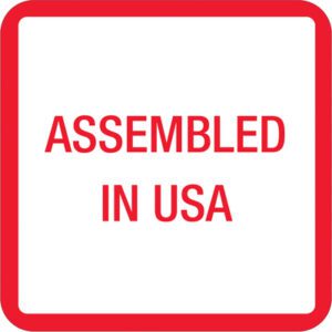 A white background with a red border showcases MH-USA 1 x 1 - Assembled in U.S.A. Labels (500/Roll) printed in red, centered on the square.