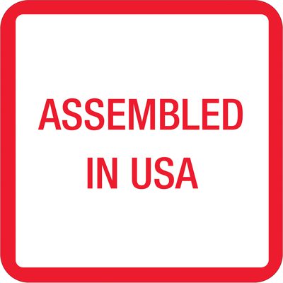 USA303.jpg A white background with a red border showcases MH-USA 1 x 1 - Assembled in U.S.A. Labels (500/Roll) printed in red, centered on the square.