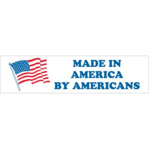 An illustration shows a waving American flag on the left and bold blue text MADE IN AMERICA BY AMERICANS on the right against a white background, resembling the MH-USA 2 x 8 labels (500/Roll) highlighting American craftsmanship.