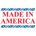 Bold red MADE IN AMERICA text sits within a border of blue wavy lines and stars, perfect for MH-USA 3 x 5 - Made in America Labels (500/Roll), highlighting American craftsmanship with this patriotic design.