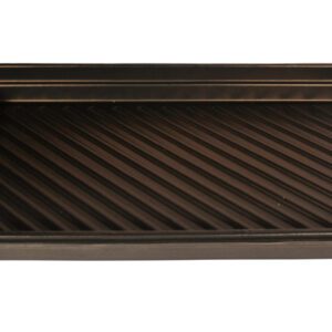 This sleek, glossy black rectangular baking tray, similar to the Vestil Utility Tray 40.25 x 28.25 inches (18 gallons), features raised diagonal ridges and edges for optimal functionality when viewed from above.