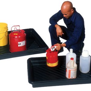 Kneeling in a dark blue outfit, a person is beside a black Vestil Utility Tray 52.25 X 28.25 24 Gal, holding a red canister, beige jug, and white bottle. Nearby, another tray holds a yellow bucket and a red canister with a yellow lid.