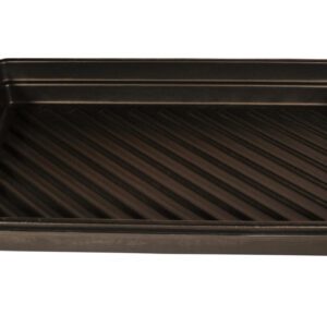 The Vestil Utility Tray 52 x 32.75 inches is a black plastic tray featuring raised diagonal lines on the bottom, a rectangular shape, and slightly raised edges. It holds up to 30 gallons, making it ideal for holding or displaying items.