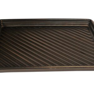 The sleek, black grill pan with raised diagonal ridges and shallow sides is perfect for grilling or baking. It complements the versatile 30-gallon Vestil Utility Tray 52 X 44, providing exceptional cooking convenience for culinary enthusiasts.