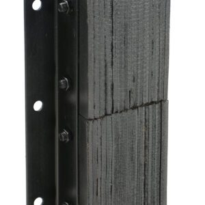 The Vestil Laminated Dock Bumper 20H X 11W X 4.5L features a black rubber build, a side metal mounting bracket, multiple horizontal rubber layers, and secure bolts.