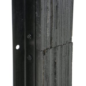 The Vestil Laminated Dock Bumper 24H X 11W X 4.5L consists of ridged black rubber blocks stacked and bolted to a vertical black metal bracket with two mounting holes on the left side.