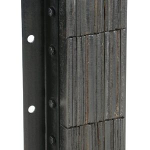 A stack of rectangular, rough-textured metal plates bolted together, like a Vestil Laminated Dock Bumper 30H X 11W X 4.5L, stands vertically. They are mounted to a vertical black metal strip with pre-drilled holes.