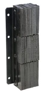 A stack of vertically aligned, textured black rubber sheets with a metal bracket featuring multiple mounting holes on one side, reminiscent of the durable Vestil Laminated Dock Bumper 30H X 11W X 6L.