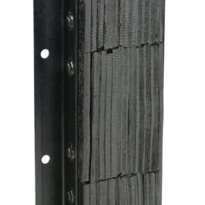 Black rubber Vestil Laminated Dock Bumper fenders (36H x 11W x 4.5L) are set vertically on a metal bracket with side holes, featuring a layered texture.