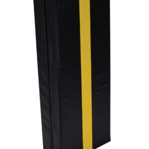 A black, rectangular padded tackle shield like the Vestil Column Protective Pad I-Beam 3 Ft 4 In Bk has a bold vertical yellow stripe. Perfect for tough training sessions, it offers safety and durability while maintaining style.