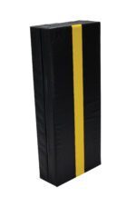 The Vestil Column Protective Pad I-Beam 3 Ft 9In Bk is a durable pad with a sleek black rectangular design featuring a vertical yellow stripe, providing safety and style for I-Beam columns.