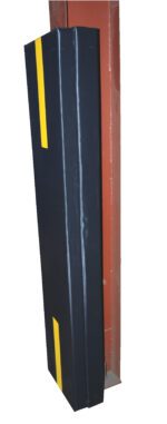 The Vestil Column Protective Pad I-Beam 6Ft 12In Bk, in black with two yellow stripes, securely attaches to a red metal beam for effective protection.
