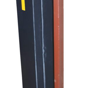 The Vestil Column Protective Pad I-Beam 6Ft 12In Bk, in black with two yellow stripes, securely attaches to a red metal beam for effective protection.