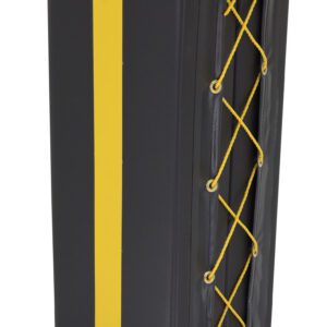 A tall, square black padding with a yellow vertical stripe and lace eyelets, similar to the Vestil Column Protective Pad Square 3Ft 7In Bk, is designed for sports or utility protection.