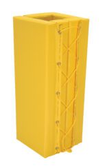 The Vestil Column Prot Yellow Pad Square measures 3Ft 9In and is a rectangular yellow padded pole protector with reinforced edges and lacing through metal eyelets, ideal for safety in sports or playgrounds.