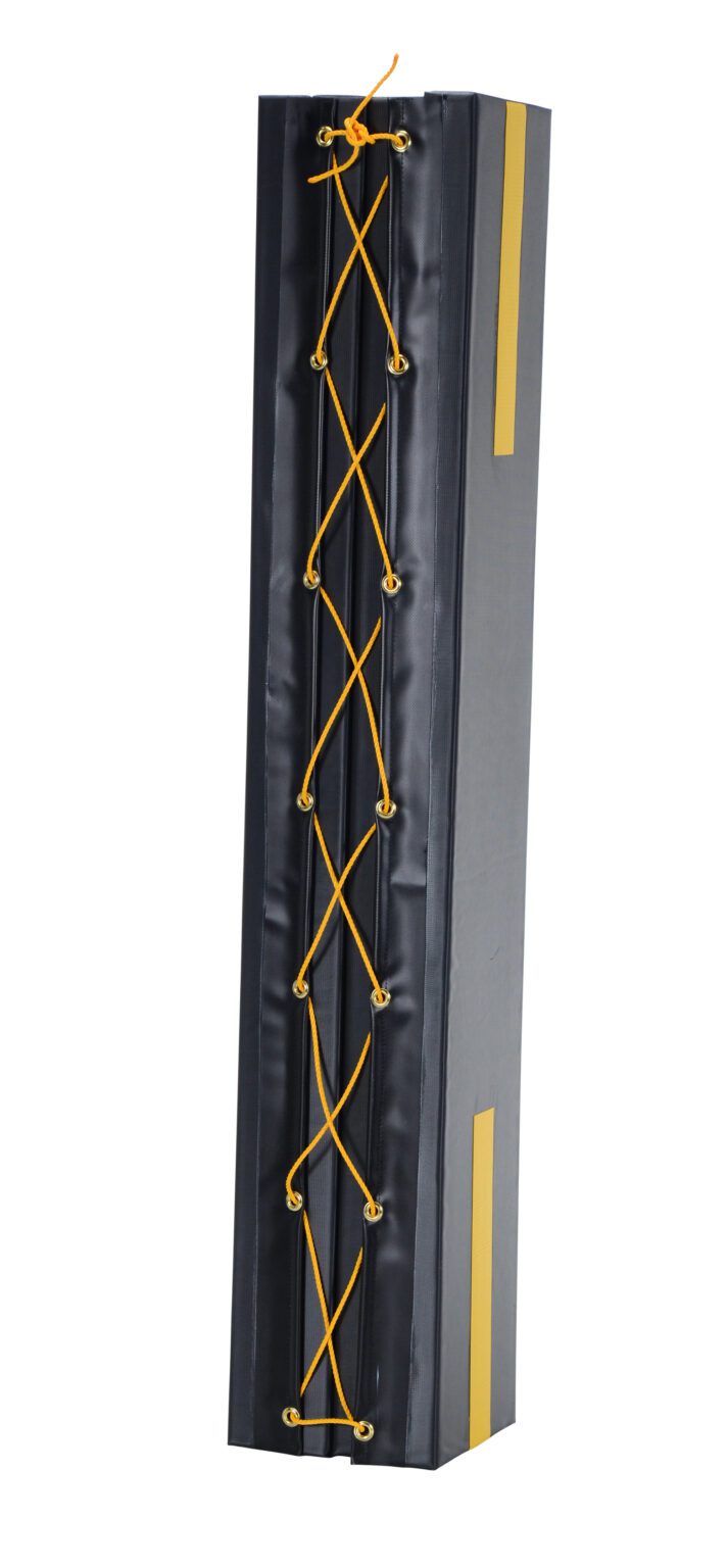 The Vestil Column Protective Pad Square 6Ft 11In Bk features a sleek black rectangular design with yellow cord lacing on one side and vertical stripes on adjacent surfaces, offering a perfect blend of protection and style.