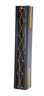A tall black punching bag with yellow crisscross lacing resembles the Vestil Column Protective Pad Square 6Ft 12In Bk, featuring yellow vertical strips on its dark surface. Its upright form is akin to a padded column.
