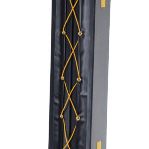 The Vestil Column Protective Pad Square 6Ft 5 In Bk is tall and rectangular with a black design featuring yellow, crisscrossed laces on the front. Yellow stripes adorn its sides against a white background, reminiscent of a sleek punching bag.