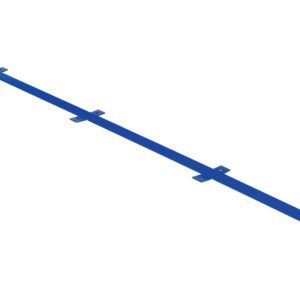 A sleek, blue metal strip reminiscent of the Vestil Gantry Crane-V-Groove Track 120 In has evenly spaced rectangular brackets protruding along one side, subtly tapering at one end against a white background.