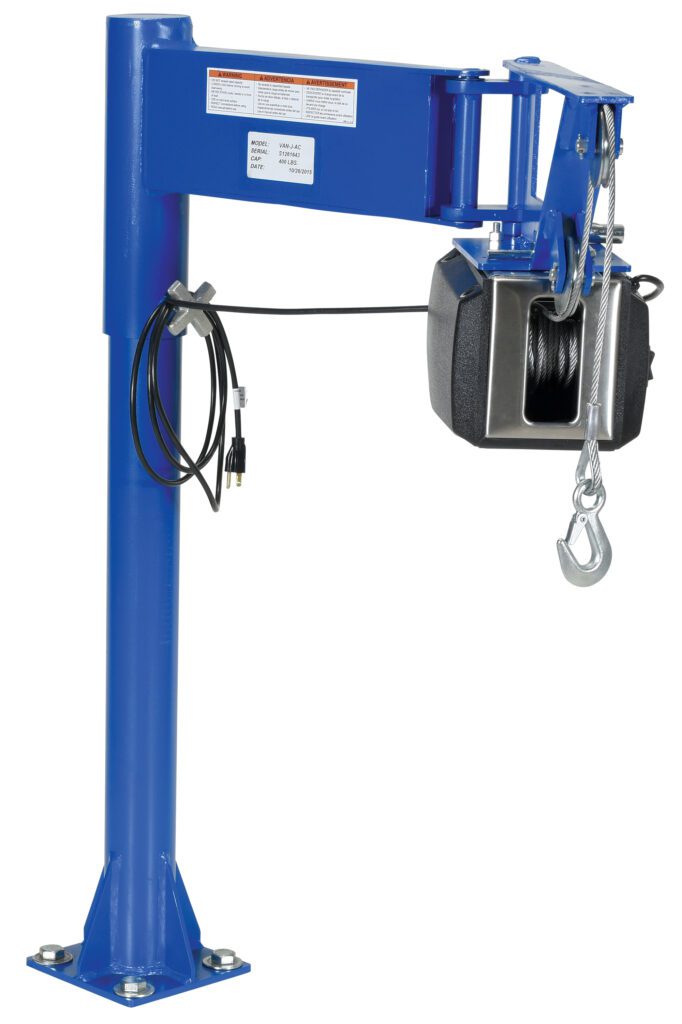 The Vestil Lifter Jib - AC Powered features a blue metal lift arm on a vertical post with a sturdy base. It includes an efficient pulley system with a coiled cable and end hook, while electrical cables run alongside the post for seamless power delivery.