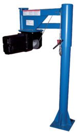 A blue Vestil DC Powered Lifter Jib Crane features a tall vertical post with a horizontal arm and pulley, hand crank, safety latch hook, and sturdy base. It supports versatile lifting tasks with a 400 lb capacity.