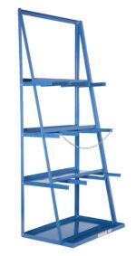 The tall blue metal shelf rack with four slanted shelves and a chain across the middle shelf mirrors the robust design of the Vestil Vertical Bar Rack 39.375 X 24.125 X 84, offering a sturdy frame ideal for storage or display with functional style.