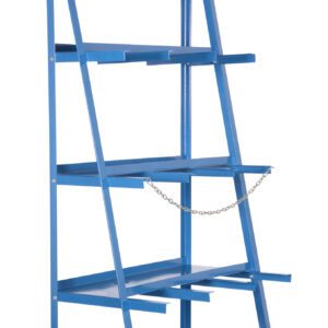 The tall blue metal shelf rack with four slanted shelves and a chain across the middle shelf mirrors the robust design of the Vestil Vertical Bar Rack 39.375 X 24.125 X 84, offering a sturdy frame ideal for storage or display with functional style.