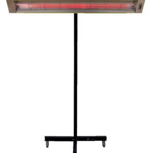 The Vestil Portable Infrared Spot Heater 5120 Btu is a standing electric heater with a slim red heating element. Its mounted on a tall, black wheeled stand for easy mobility and has a neutral-colored rectangular frame, making it ideal for any space.