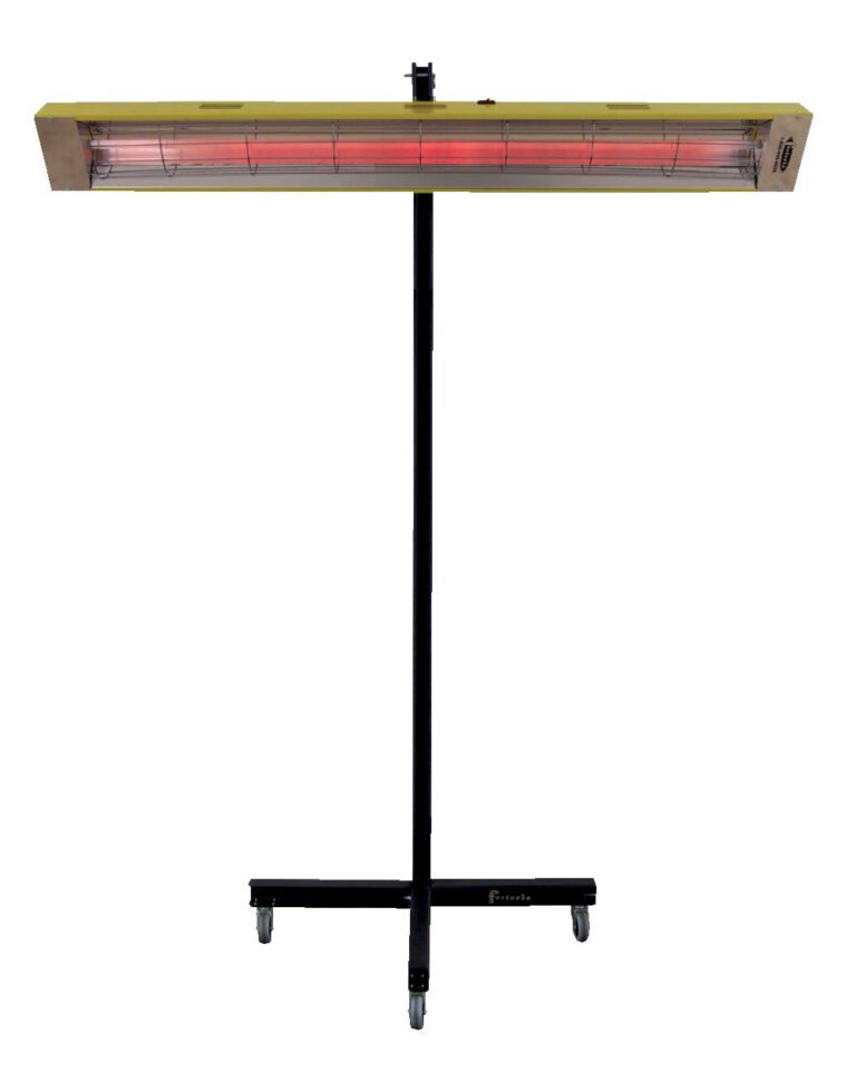 The Vestil Portable Infrared Spot Heater 5120 Btu is a standing electric heater with a slim red heating element. Its mounted on a tall, black wheeled stand for easy mobility and has a neutral-colored rectangular frame, making it ideal for any space.