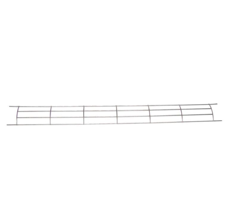 A long, horizontal Vestil S3S3 Wire Guards Use W/Vch-57C, featuring evenly spaced rectangular openings and gently curved ends, is set against a plain white backdrop.
