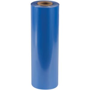 A large blue roll of MH-USA 20 x 500 - 4 Mil VCI Poly Sheeting stands upright on a white background, with its brown core visible at both ends and the glossy surface reflecting light.