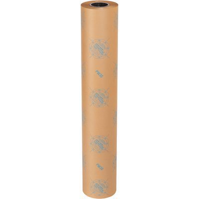 VCI3630.jpg A tall roll of MH-USA 36 x 200 yds. VCI Paper, decorated with evenly spaced blue designs, stands upright against a plain white background. This sturdy 30 lb. industrial roll is ideal for packaging use and offers impressive durability per roll.