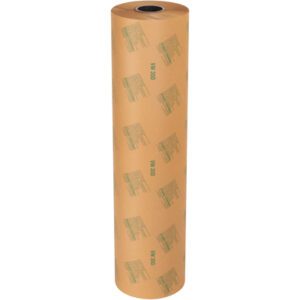 The MH-USA 36 x 400 yds. Heavy Duty VCI Paper Roll (1 Roll/Case) stands vertically, showcasing a brown paper roll with a repeating green logo or text pattern and featuring a black core on top against a white background.