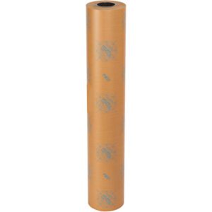 The MH-USA 36 x 200 yds. VCI Paper 30 lb. Waxed Industrial Roll stands upright, showcasing a solid core and blue recycling symbols along its length against a white backdrop.