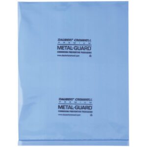 Glossy 12 x 18 blue MH-USA VCI poly bag with black Daubert Cromwell Premium Metal-Guard Corrosion Preventive Packaging text. Its 4 Mil thick, comes in a case of 250, and is set against a white background.