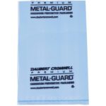 The MH-USA 12 x 20 - 4 Mil VCI Poly Bag is transparent blue with black METAL-GUARD and CORROSION PREVENTIVE PACKAGING text. The DAUBERT CROMWELL logo and name are prominently displayed above and below the main text. Available in a case of 250 bags.