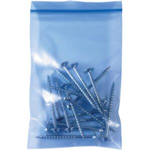 The MH-USA 3 x 5 - 4 Mil VCI Reclosable Poly Bag efficiently stores various silver metal screws, featuring flat heads and pointed tips, providing a practical storage solution.