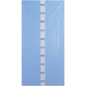 A large, smooth, unblemished blue plastic sheet, resembling the MH-USA 40 x 36 x 80 - 4 Mil VCI Gusseted Poly Bag (25/Case), has a vertical strip of white labels with text down the center.