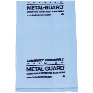 The MH-USA 4 x 6 - 4 Mil VCI Poly Bag by Daubert Cromwell is a clear blue plastic bag labeled Metal-Guard. It features black branding and is designed as corrosion preventive packaging, providing reliable protection for metal items in cases of 1000.