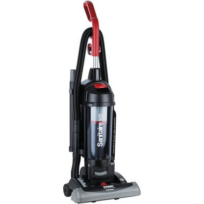 VCM120.jpg The Sanitaire® FORCE™ QuietClean® Bagless HEPA Vacuum showcases a red handle and black body, with its brand name on the dust container. It is designed for easy use, featuring wheels for mobility and a side hose attachment for versatile cleaning.