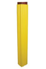 The Vestil Yellow Square Column Wrap 11 In features a tall design with vertical grooves, fitting snugly around 11-inch square posts. Its bright yellow finish offers safety and impact protection, while the top securely hugs a red-brown post.