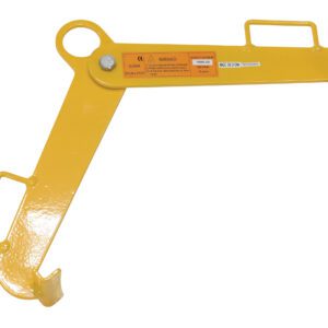 The Vestil Vertical Drum Clamp W/ 1000 Lb Capacity is a yellow metal lifting tool with dual hooks and a bolt, featuring a safety warning label. Its designed for hoisting heavy items and includes side handles for ease of maneuverability.