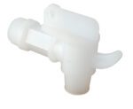 The Vestil Drum Faucet Non-Adjustable (3) 3/4 Bung features a white plastic spigot with a threaded end and lever handle for easy liquid dispensing, providing a simple and compact solution for containers.