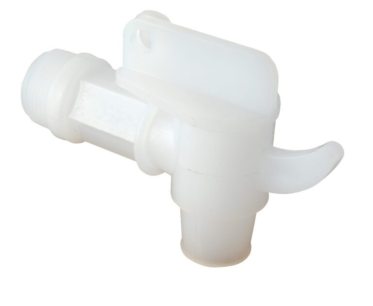 The Vestil Drum Faucet Non-Adjustable (6) 3/4 Bung is a white plastic spigot with a threaded inlet and lever handle, ideal for easy liquid dispensing from jugs or containers with a 3/4 bung. It offers simple construction and reliable performance.