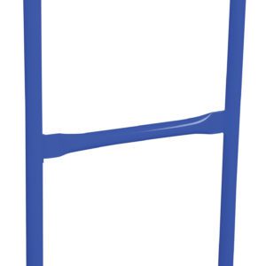 The Vestil Steel Pipe Safety Railing, 24 inches long, features a blue metal rectangular shape with rounded corners and an extra middle horizontal bar.