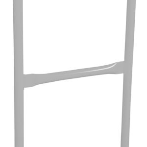 The Vestil Steel Pipe Safety Railing in silver is 24 inches long, featuring a sleek metallic gray frame with two vertical legs, a curved top for support, and a horizontal bar connecting the legs slightly below the midpoint.