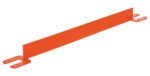 The Vestil Toeboard For Pipe Safety Railing is a 24-inch orange metal safety barrier with mounting brackets on both ends, featuring an elongated rectangular shape and mounting holes for secure attachment and effective area protection.