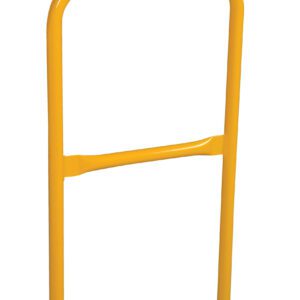 The Vestil Steel Pipe Safety Railing 24 In Length is a yellow metal barrier with two vertical bars, a rounded top, and a central horizontal support bar for added stability.