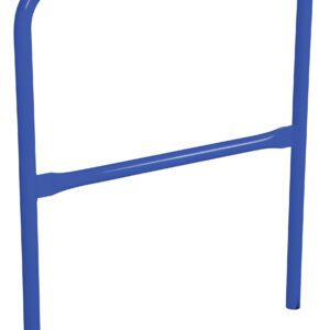 A blue metal bed rail, similar in design to the Vestil Steel Pipe Safety Railing 36 In Length Blue, features two vertical legs and a horizontal bar near the top with another midway for support. Its simple construction ensures safety and stability when secured to a bed.