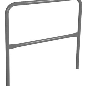 A simple gray metal headboard with rounded edges and vertical support bars mirrors the design of a Vestil Steel Pipe Safety Railing 48 In Length Gray. Its minimalist, rectangular shape and open middle section bring safety-inspired aesthetics into your bedroom.